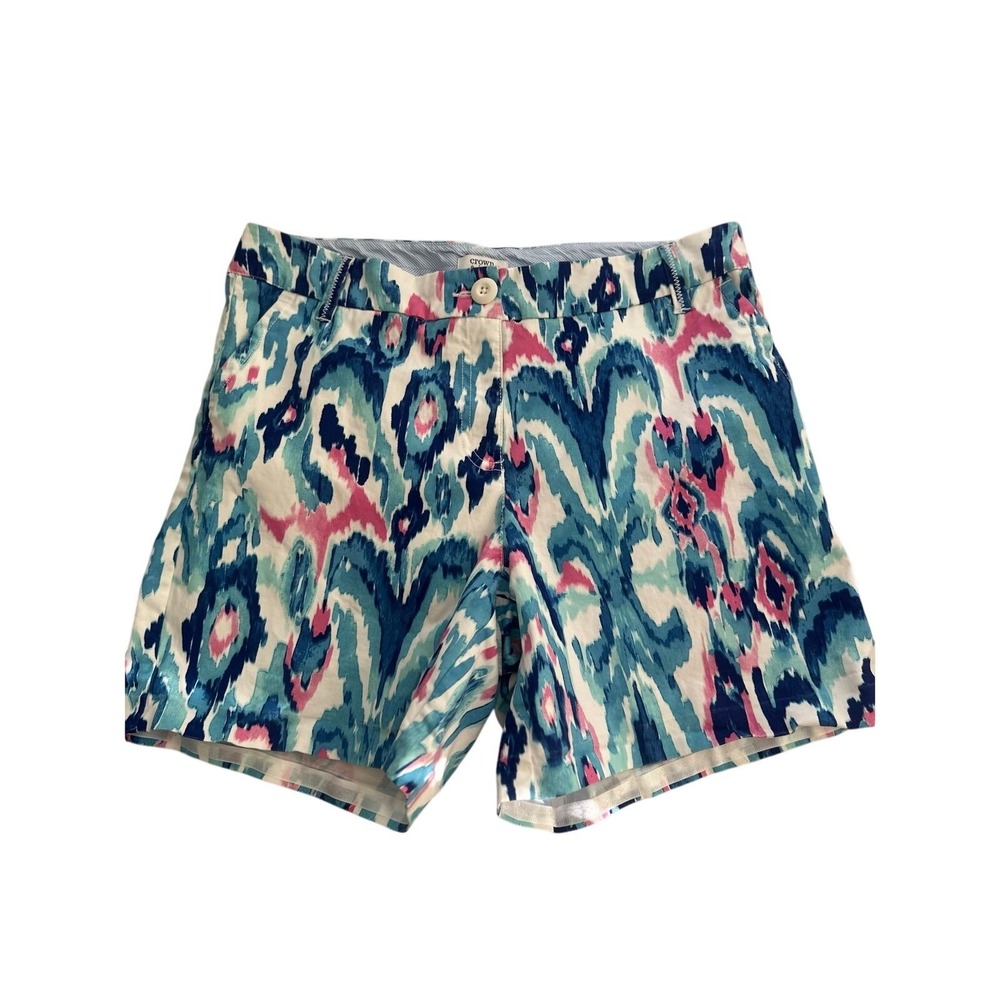Crown & Ivy Caroline Shorts Womens 8 Blue Pink Abstract Print Flat Front
